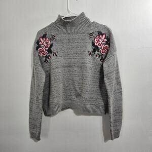 High Neck Grey Sweater with Embroidered Flowers/Butterflies. Size M